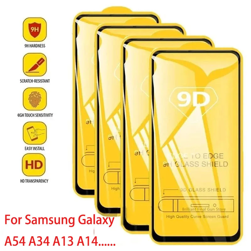 Protetor de tela de vidro temperado 9D para Samsung Galaxy A54 A34 A13 A14 A53 A52 A33 A23 A32 A51 A73 A72 Filme protetor transparente anti-quebra de cobertura completa + caixa de varejo