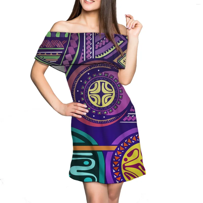 Casual Dresses HYCOOL Polynesian Print Tribal For Women 2024 Summer Ruffle Party Midi Dress Purple Off The Shoulder