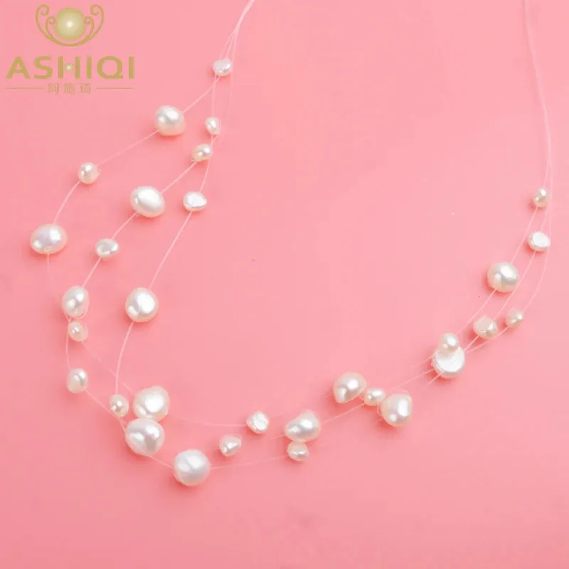 Ashiqi Multilayer White Natural Baroque Pearl Choker Necklace for Womenシンプルなスタイルの手作りDIYウェディングパーティージュエリーギフト240305