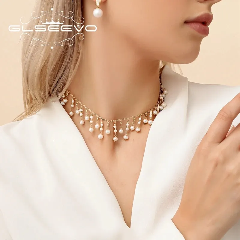 GLSEEVO Natural Fresh Water Small Pearl Necklace Luxury For Women Wedding Engagement Tassel Chain Choker Fine Jewellery GN0224 240301