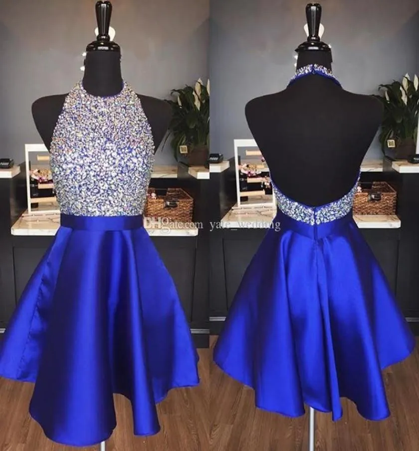 Latest Royal Blue Satin Backless Homecoming Dresses Jewel Halter Sequins Crystal Backless Short Prom Dresses Sparkly Red Party Dre4672913