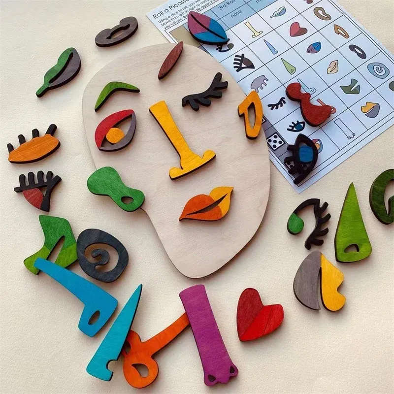 Sculptures 2023Crossborder Creative New Wooden Montessori Puzzles Face Detachable Abstract Art Wooden Educational Toy DIY Face Mask Crafts