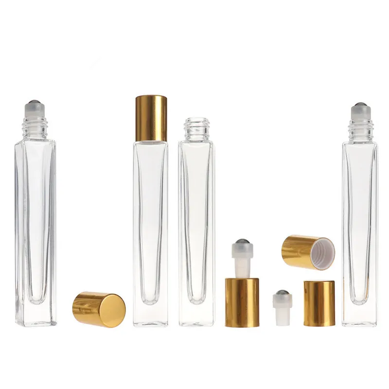 Rolo de vidro transparente quadrado vazio de 10ml, garrafa com tampa dourada, bola de rolo de aço inoxidável para perfume de óleo essencial