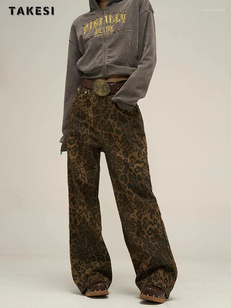 Kvinnors jeans bruna vintage mode wide ben kvinnor 2024 vår grunge chic leopard tryck baggy jean pants y2k trendig denim byxor