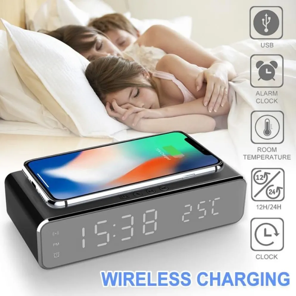 LED Electric Alarm Clock With Phone Charger Wireless Desktop Digital Thermometer Clock HD Clock Mirror With Time Memory LJ2008272307