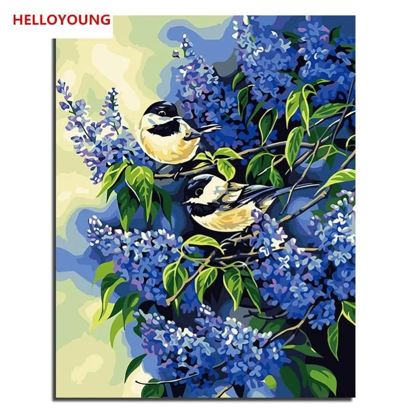 helloyoung diy手描きの油絵2鳥のデジタルペインティング数字油絵中国語巻物絵画201h
