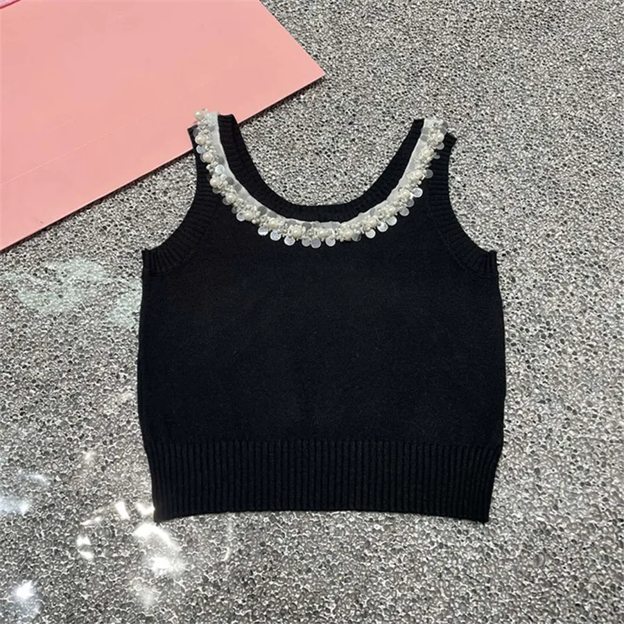 Luxury Designer Women Tanks Singlets Sexiga beskuren stickad singlett toppar Rhinestone Neck Design Knits Top