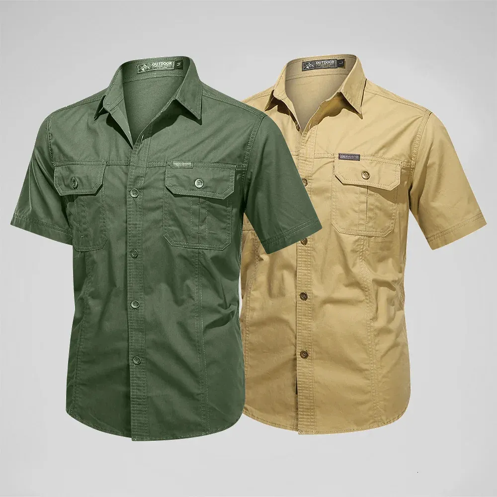 Camisas de algodón de verano Hombres de manga corta Camisa de carga casual Calidad Camisa Militar Overshirt Ropa de marca Blusas de color sólido 5XL 240306