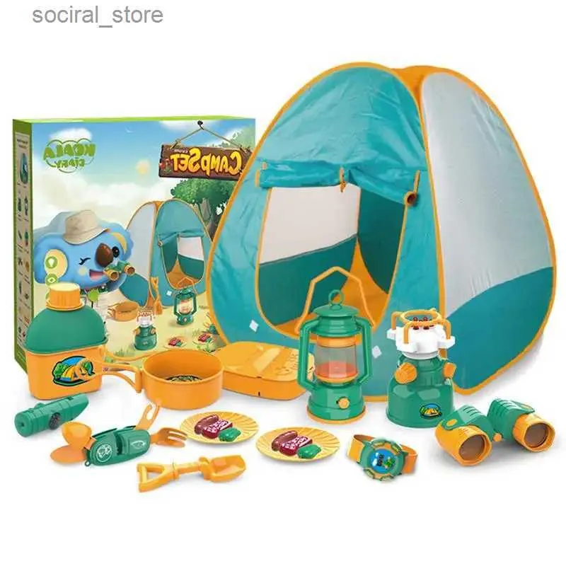 Toy Tents Kids Camping Tent Set 21 Pieces Pretend Play Tent With Campfire Fruit BBQ Play Kids Bug Viewer Butterfly Net Including Telescope L240313