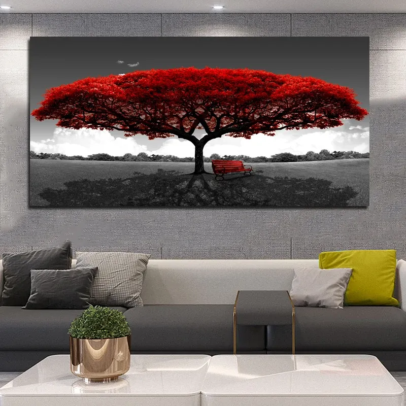 Calligraphy Large Size Art Modern Red Tree Bench Landscape Canvas Paintings For Living Room Wall Posters Bedroom Pictures Home Decoration