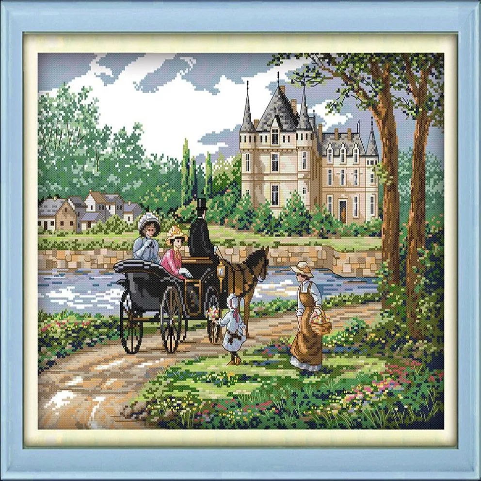 Paysage de banlieue château sortie décor à la maison peinture à la main point de croix broderie couture ensembles compté impression sur toile DMC 1209R