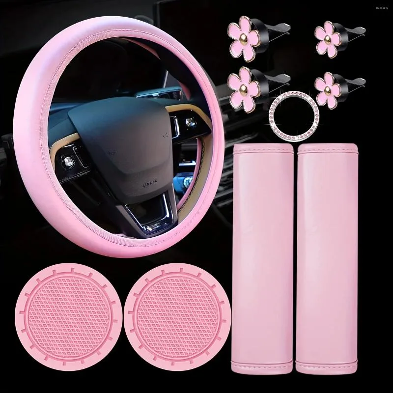 Capas de volante 10pcs capa de couro rosa para mulheres acessórios de carro conjunto cinto de segurança porta-botões anel de ventilação de ar clipe