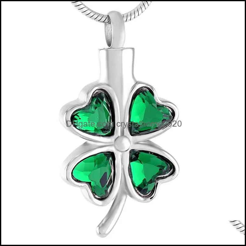 Collane con ciondolo Ijd8223 Acciaio inossidabile Dolce Cuore verde Strass Quadrifoglio Donne Urna Cenere Titolare Cremazione Ricordo Ne Otxnh