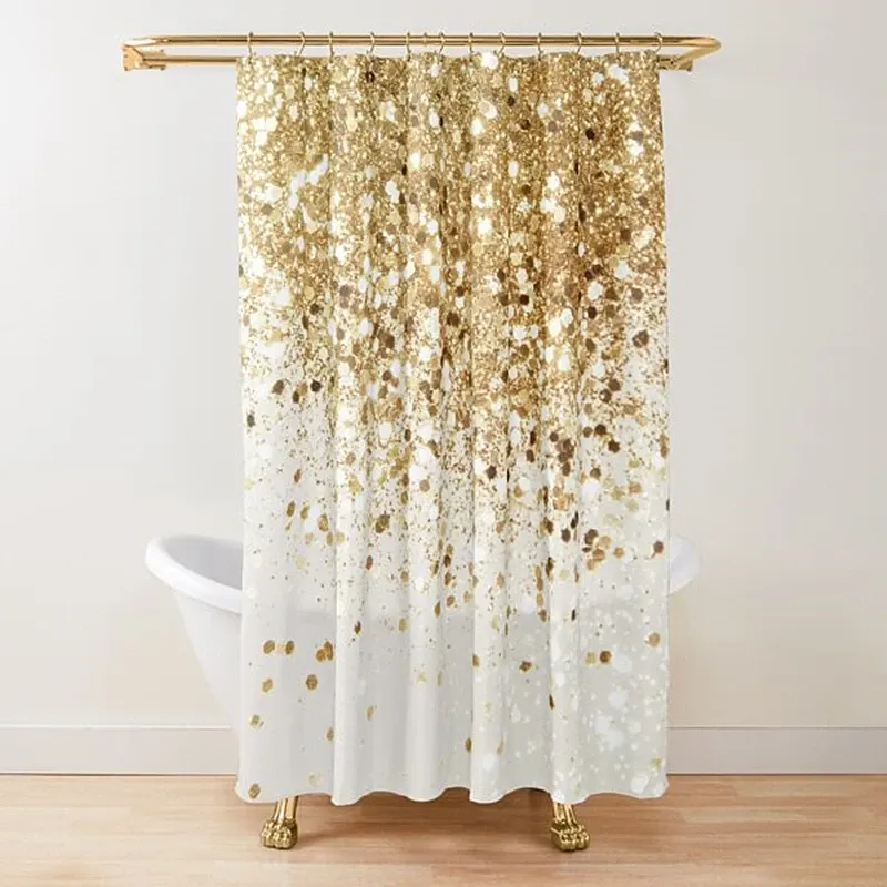 カーテンゴールドキラキラとグラマーシャワーカーテン、ゴールデンスパークリング光沢のある光沢のあるアートバスカーテン、ポリエステル洗えるバスルームカーテンセットフック