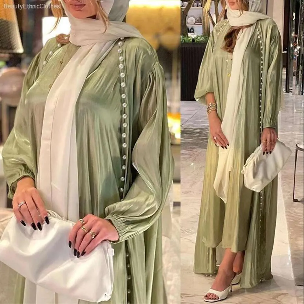 Middle East Clothing Dubai Elegant Beaded Pearls Cardigan Dress Muslim Islamic Party Abaya Gown Kimono Robe Two Pieces Sets