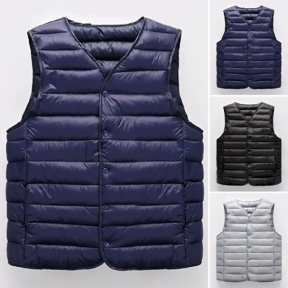 Ärmlös västmäster män Vest Jacket Stylish Mens Winter Padded V Neck Coat Warm Windproof Plus Size Cardigan för Casual 240314