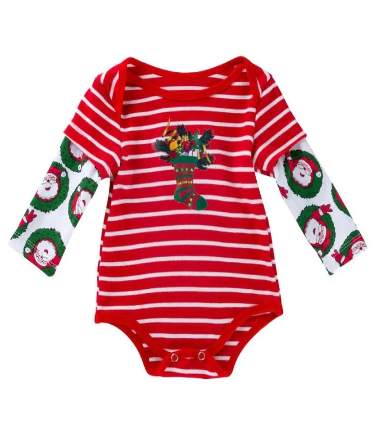 2 Colors INS Baby Christmas Cotton Romper Red Stripe Santa Claus Xmas Socks Printed Long Sleeve Clothes Xmas Toddler Clothing7257521