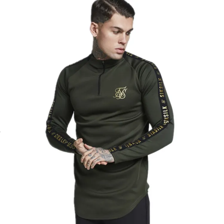 Neue Mode Männer Sik Silk Stickerei Einfarbig Elastische T-shirt Hohe Reißverschluss Kragen Elastische Langarm Männer Dünne Casual t-shirts 210319