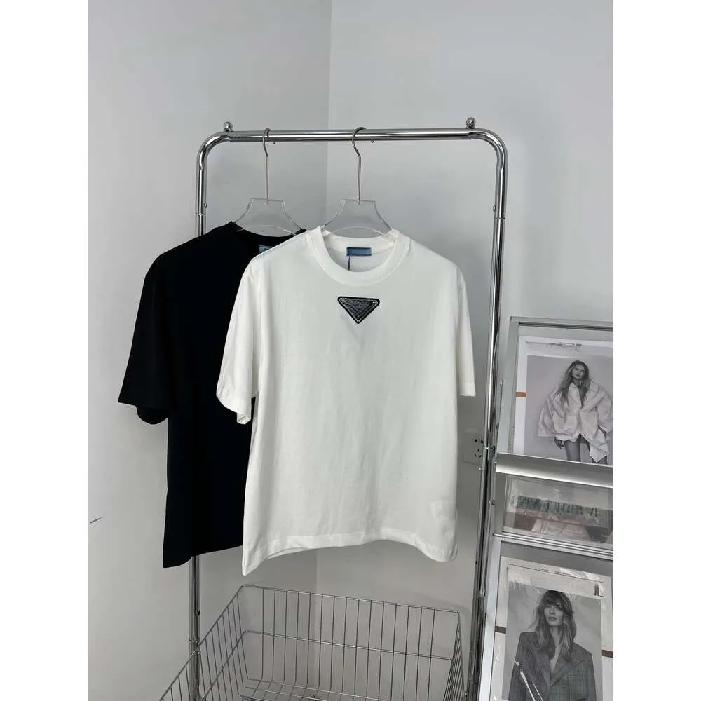 23 primavera/verão nova moda indústria pesada diamante incrustado triângulo simples e casual versátil terry 230g camiseta de manga curta