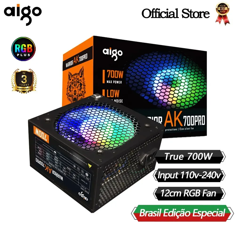 Aigo AK700PRO 700W PC PSU Güç Kaynağı Ünitesi Siyah Oyun Sessiz 120mm RGB Fan 110V 220V ATX ​​Masaüstü Bilgisayar BTC 240307 için Güç Kaynağı