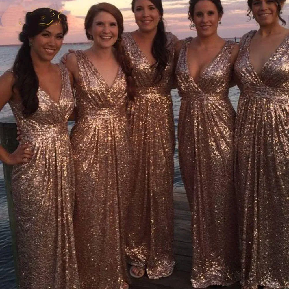 Rose Gold Sequined Long Bridesmaid Dresses for Women - V-Neck Glitter ...