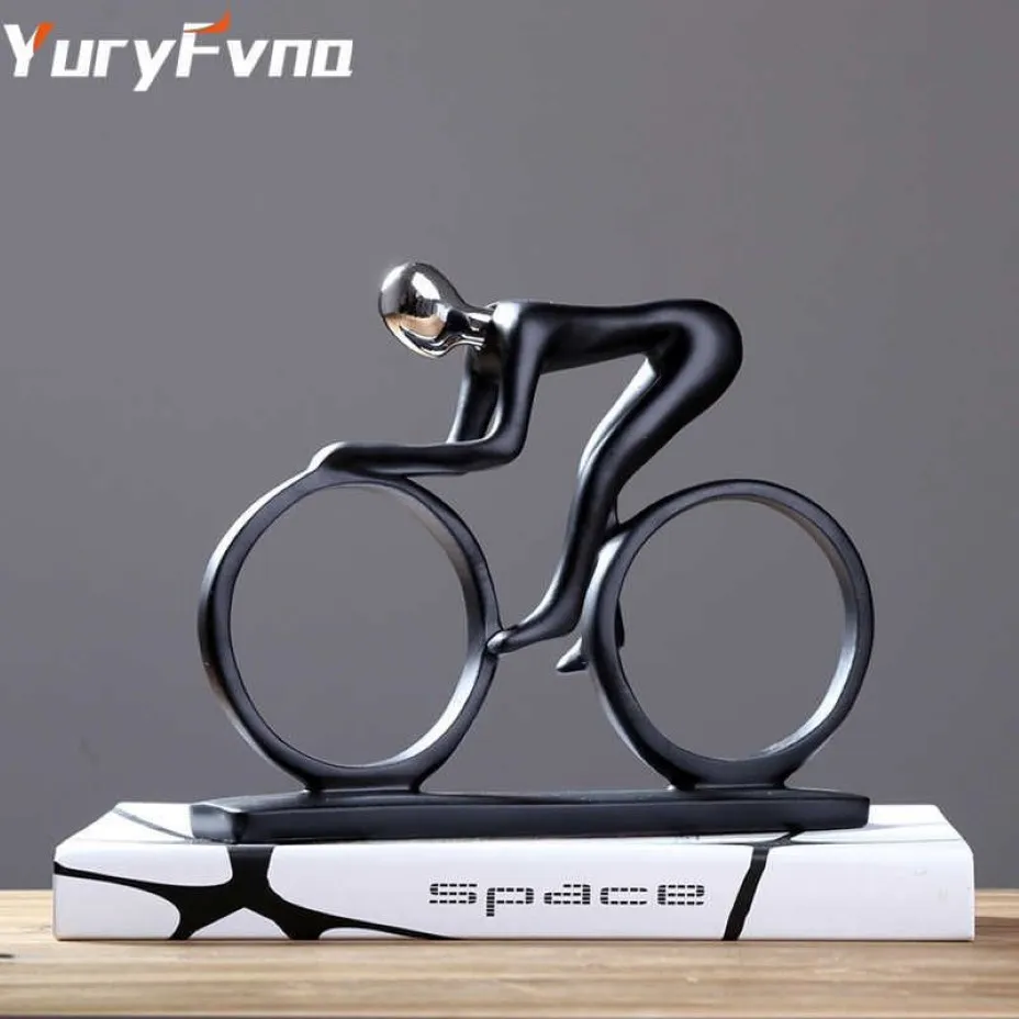YURYFVNA BICYCLE STATUE DHAMPION CYCLIST SCULPTURE Figur HESIN Modern Abstrakt Art Athlete Bicycler Figurine Home Decor Q0525234H