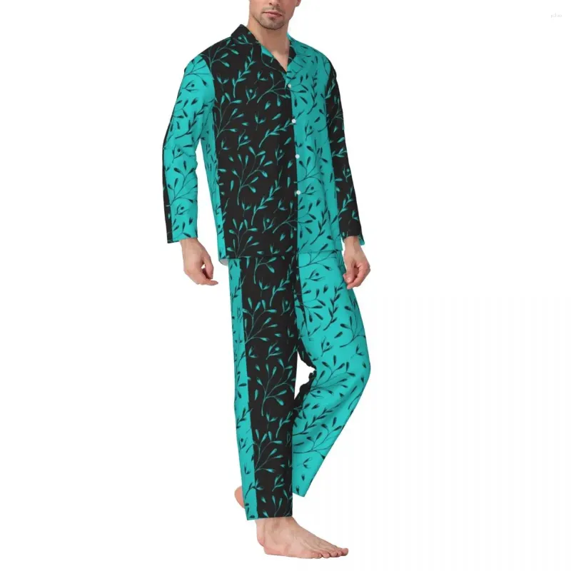 Мужская одежда для сна, двухцветный пижамный комплект, черная лиственная лоза, с цветочным принтом, удобный унисекс, с длинными рукавами, повседневный свободный домашний костюм из 2 предметов
