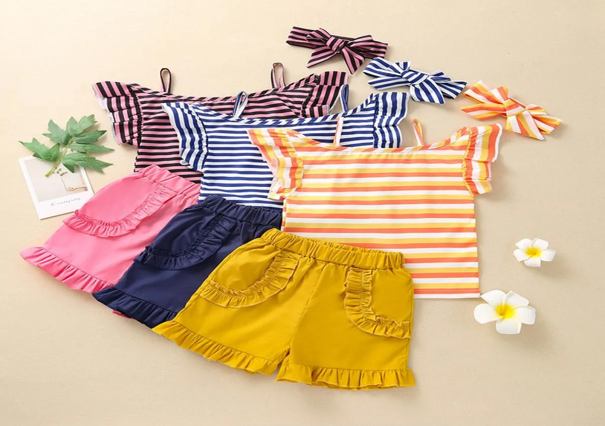 Barnkläder set flickor kläder barn ruffle hylsa rand topsshortsheadband 3PCSSet Summer Fashion Boutique Baby Clothes 4909449