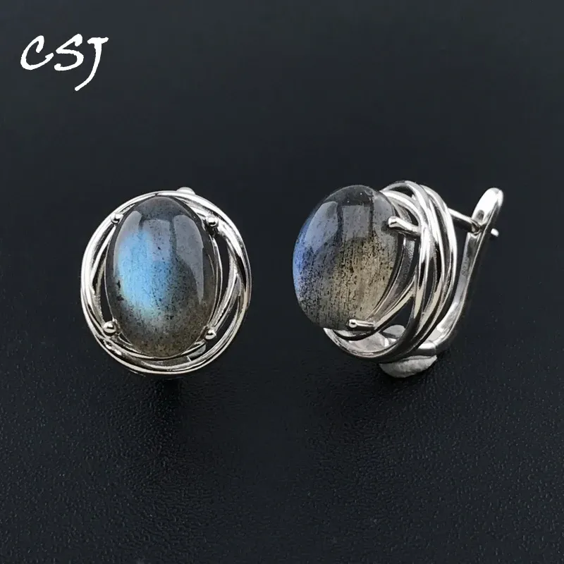 Crafts CSJ ​​100% Naturalne Labradorite Kolczyki Sterling Sier Sier Cone Oval10*12 mm dla kobiet Party Birthday Trendy Jewelry Gift