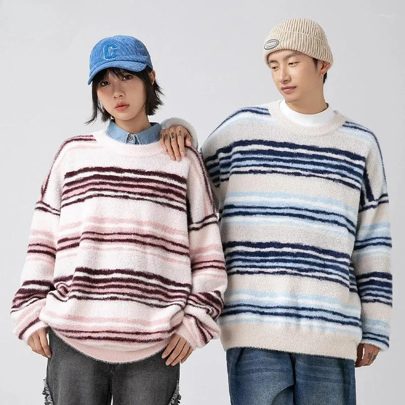 Men's Sweaters Striped Contrast Imitation Mink Hair Winter Couple Loose Round Neck Fashion Brand Knit Coat Sweater