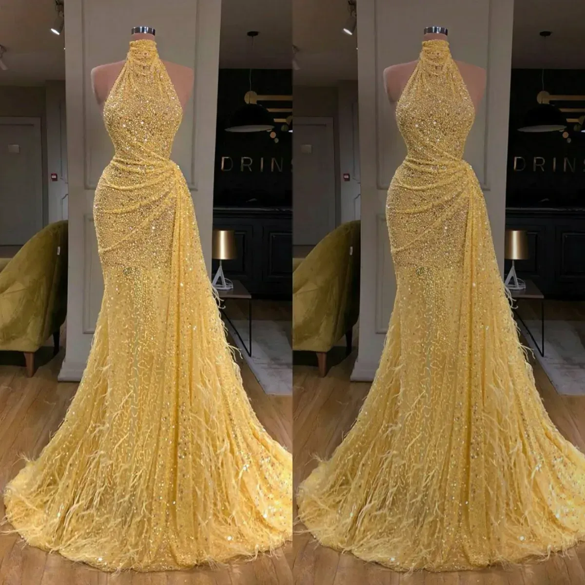 Populaire Goede kwaliteit Glitter Mermaid Avondjurken Sexy High-Neck Mouwleveless Paillins Feather Prom Dress Sweep Train Speciale gelegenheid jurken