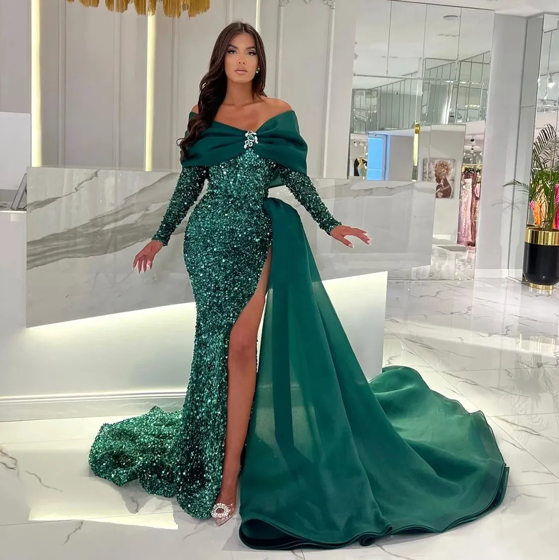 Green Prom Party Dresses Sequined Off Shoulder Long... From Babynice666,  $195.37 | DHgate.Com