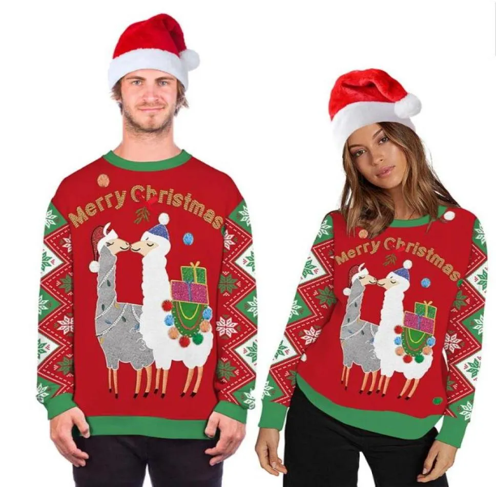 Unisex schattig dier 3D-print lelijke kersttrui paar outfit ronde hals trui mannen vrouwen winter plus size kleding2018980