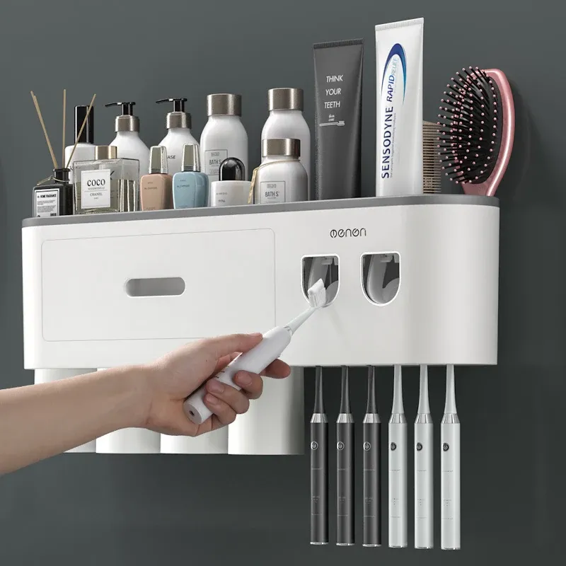 Hållare magnetiska adsorption inverterad tandborstehållare väggmonterad dubbel automatisk tandkräm dispenser rack badrumstillbehör