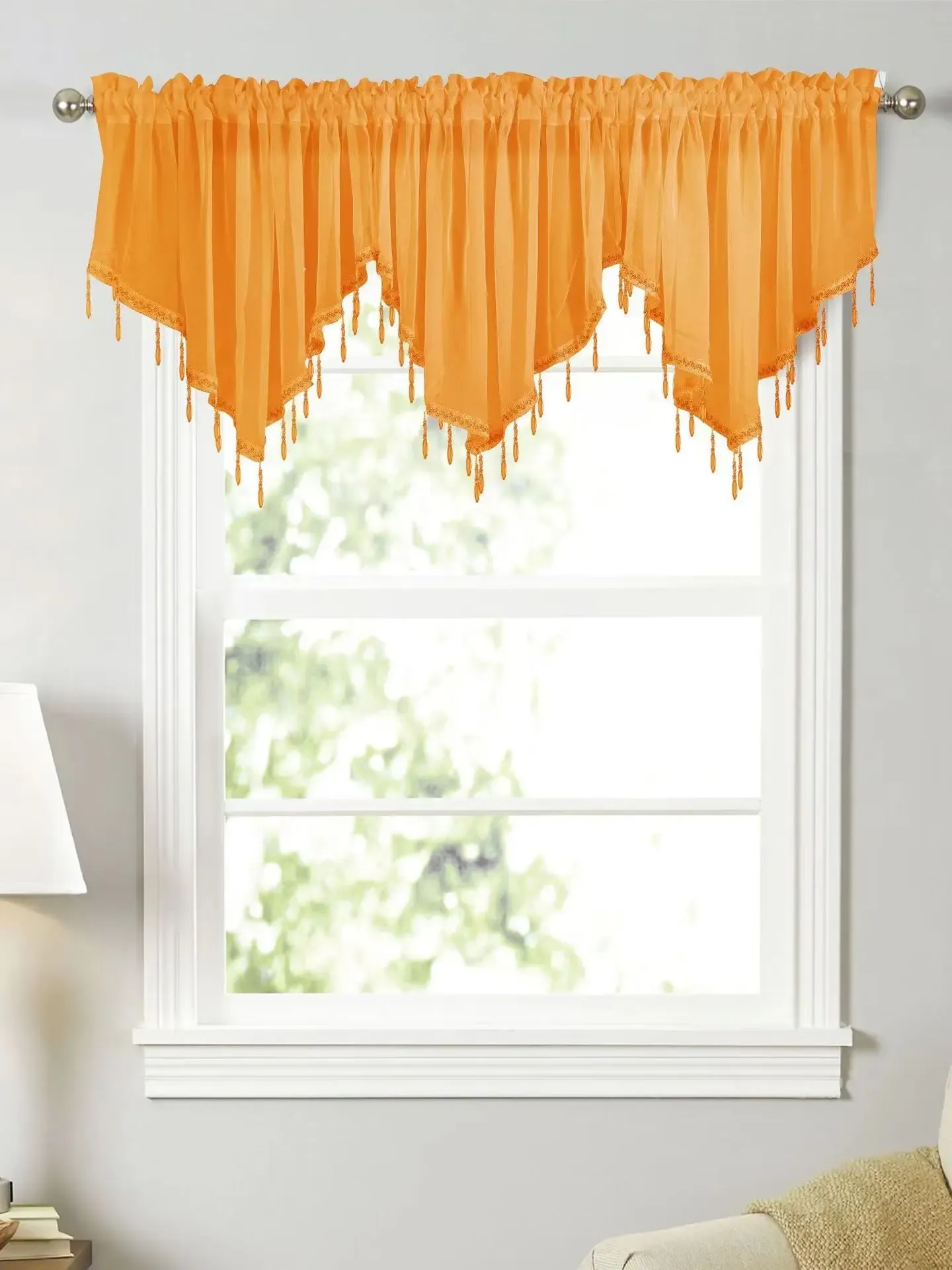 Vorhänge, romantischer, durchsichtiger Voile-Vorhang, Volant mit Perlen, 3 Stück/Set, 130 x 60 cm, kleiner Volant für Küche, Fenster, Dekoration, Stangentaschen-Design