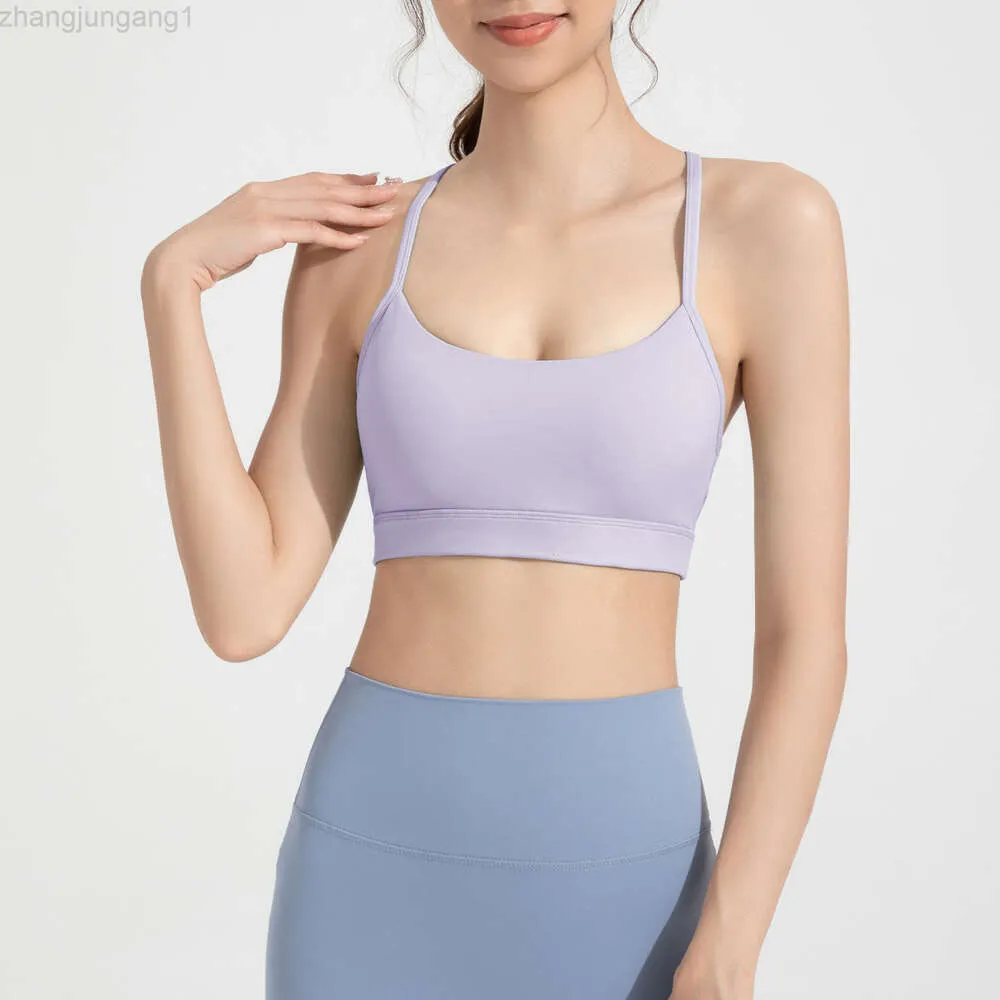 Desginer Lululemom Bras Bras Lululemmon Sports Tank Top Lycra Y字型の美しさは、ピラティスフィットネスを走るチェストパッド付き