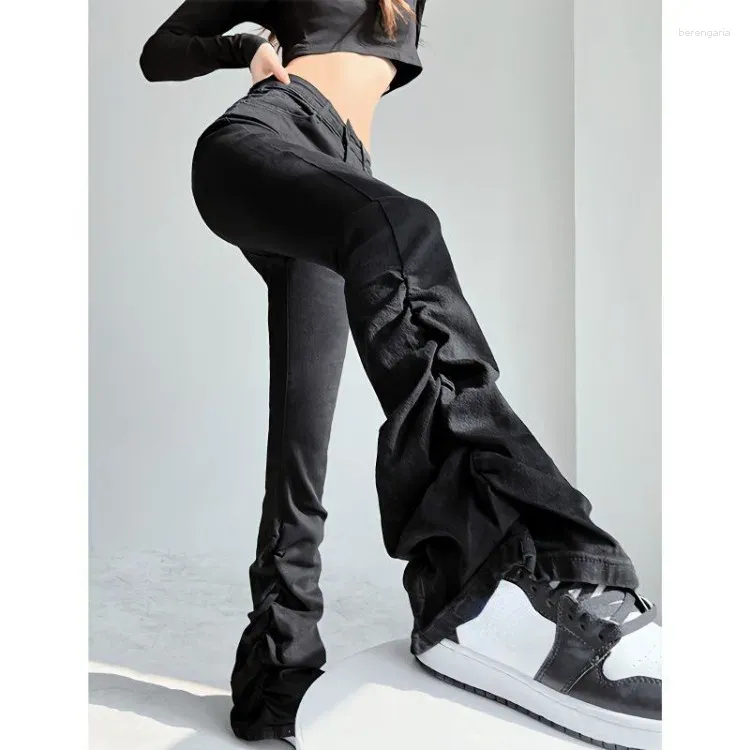 Spodnie kobiet duże amerykańskie czarne dżinsy 2024 Autumn High talia Ruche spodni Y2K Grunge Street Lose Flare