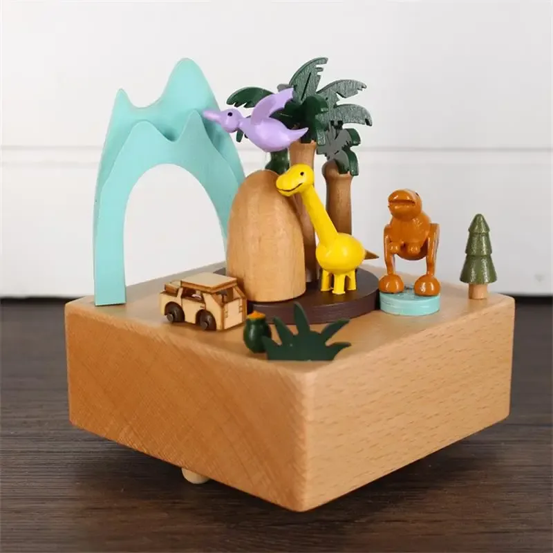 Lådor Dinosaur Land Music Boxes Christmas New Year's Birthday Presents Trähantverk Stad i Sky Music Box Home Ornament Decoration