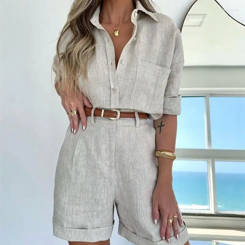 Fatos femininos verão único breasted camisa ternos lightgray branco manga longa shorts de duas peças conjunto feminino outfit simples calças casuais conjuntos