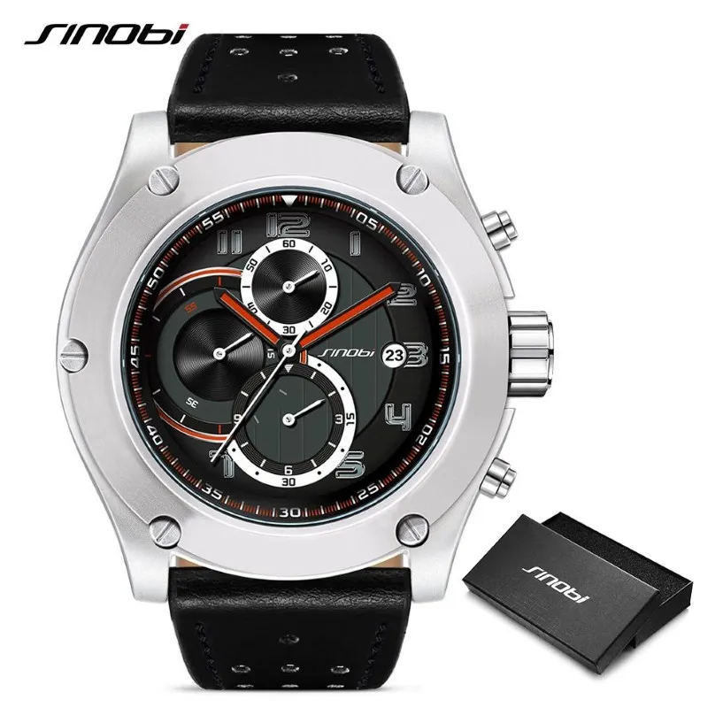 SINOBI Marke Sport Männer Uhr Luxus Männlichen Leder Wasserdicht Chronograph Quarzuhr Military Armbanduhr Männer Uhr Saat Gift222A