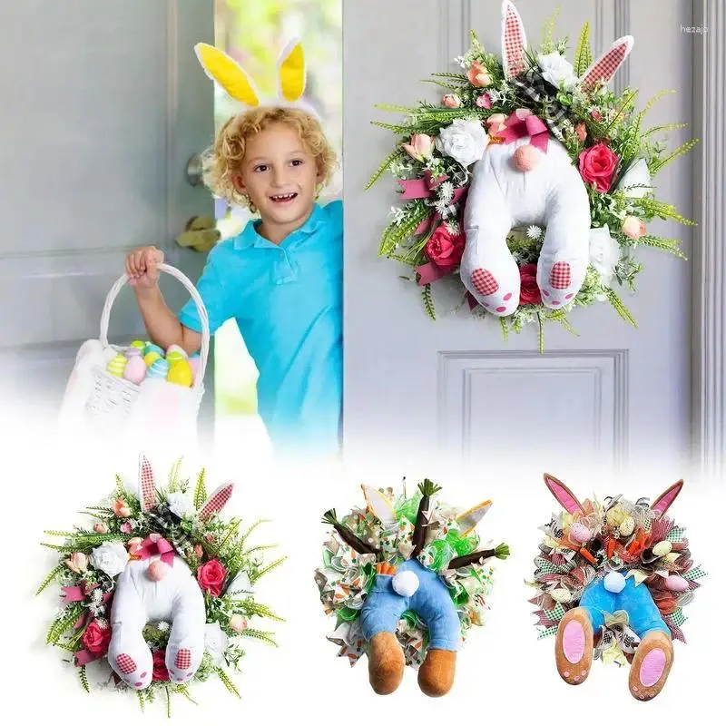 Couronne de fleurs décoratives, décoration de pâques, guirlande murale de porte avec oreilles, dessin animé en forme de nœud papillon, ornement mignon et amusant pour la maison