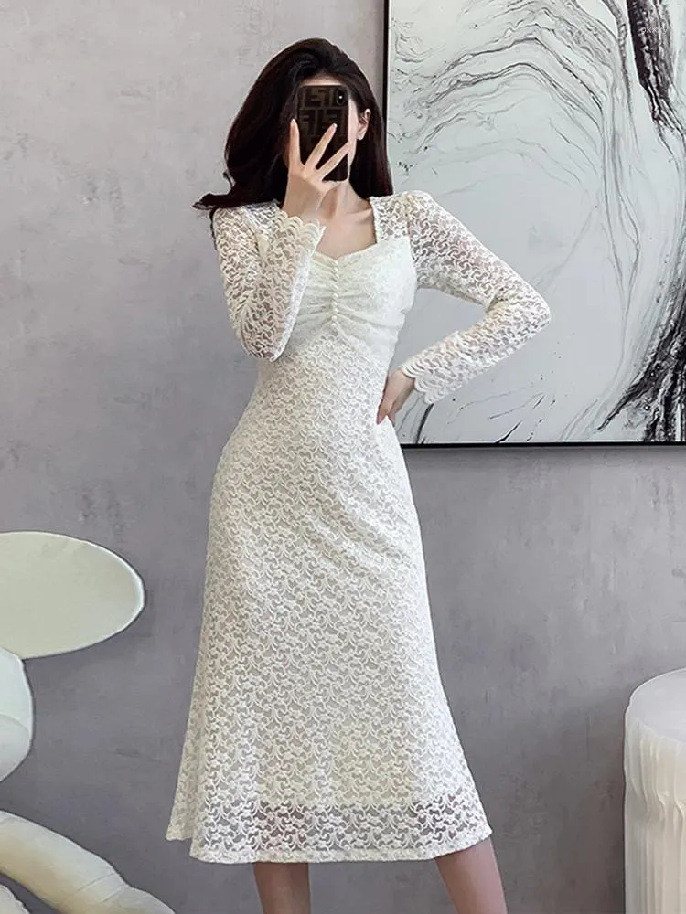 Casual Dresses Retro Spring Autumn Beige Dress French Women Square Collar Hollow Out Lace Long Sleeve High Waist Slim Lady Office