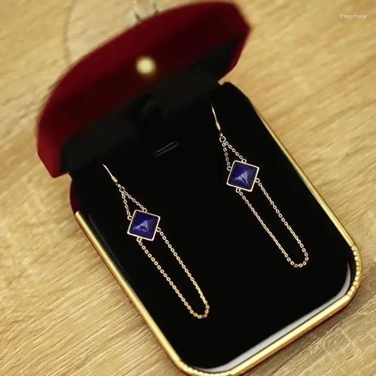 Dangle Küpeler Doğal Lapis Lazuli Kadın S925 Sterling Gümüş Hipoalerjenik Mizaç Uzun Geometrik Rhombus Simp