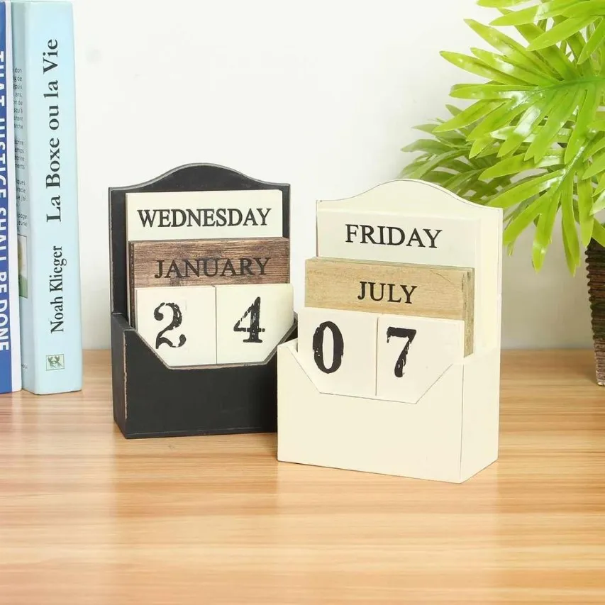 再利用可能なヴィンテージ木製カレンダーデスクトップカレンダー永続的な木製ブロックオフィスホーム装飾テーブルDIYプランナーレトロラシック325S