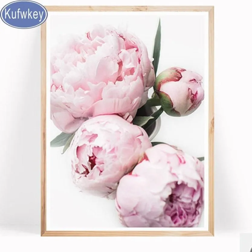 Kufwkey diamant färg fyrkantig rund bild peonies diamant målning mosaik strass broderi rosa blommor väggdekor297n