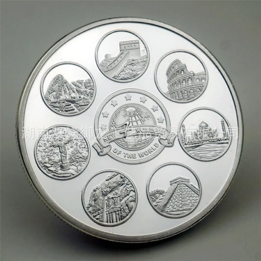 Present Nya sju underverk av världen samlarobjekt Silverpläterad souvenirmyntkollektion Art Creative Commemorative Coin240V