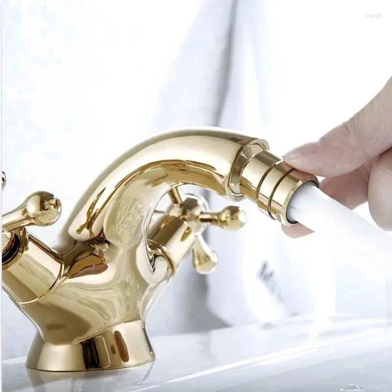 Bathroom Sink Faucets Brass Gold-plated Basin Faucet And Cold Mixer Tap European Style Double Handle Golden Bidet