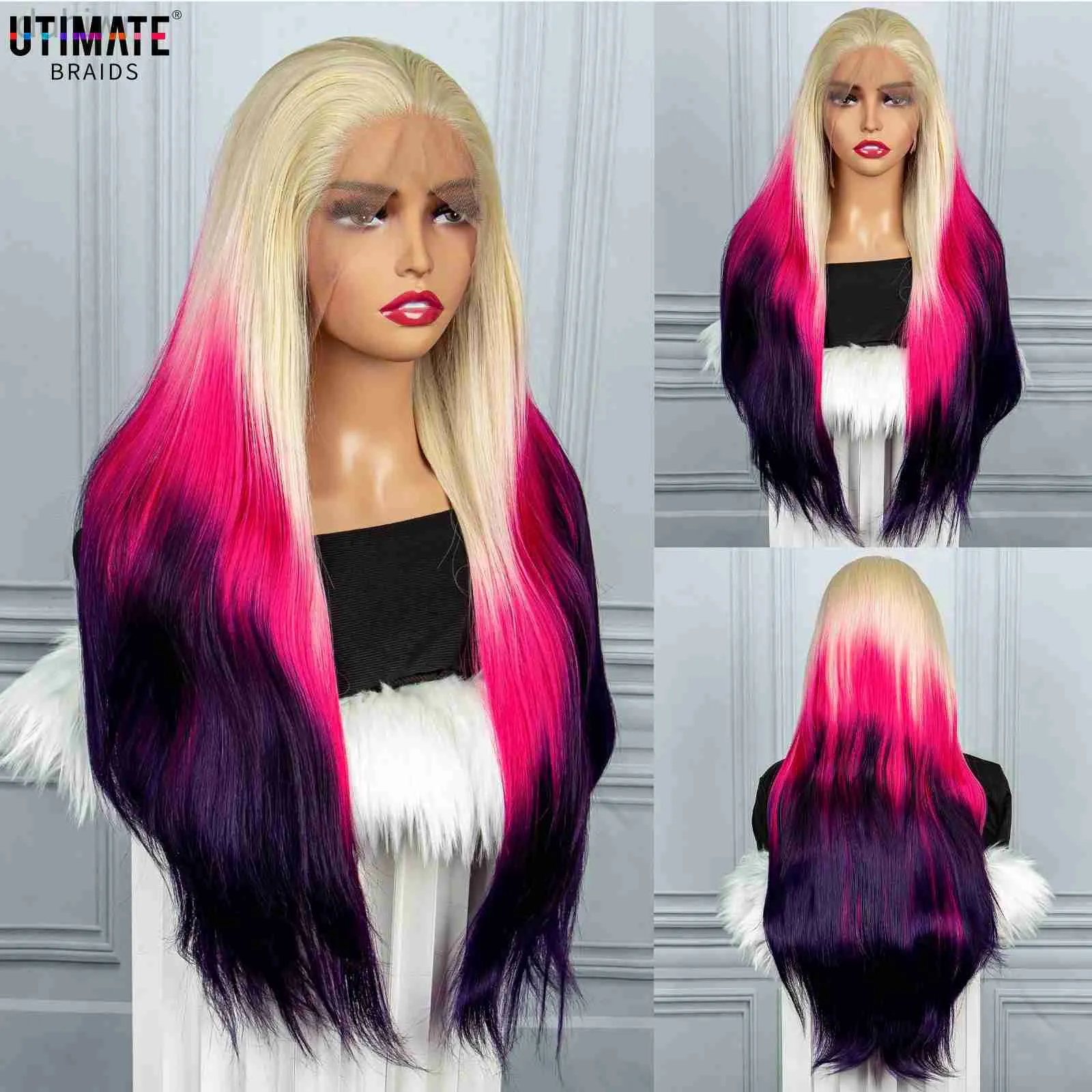 Syntetiska peruker Syntetiska peruker Långa naturliga syntetiska peruk Rotfärgad Purple Wig Middle Part Wigs Syntetiska 13x3 tum spetsfront peruker LDD240313