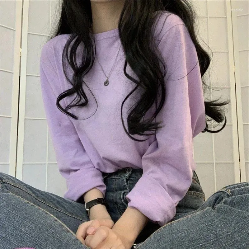 Camisetas femininas primavera cor pura solta t-shirt mulheres coreano manga longa casual tops meninas simples todos os jogos básicos tees 2024