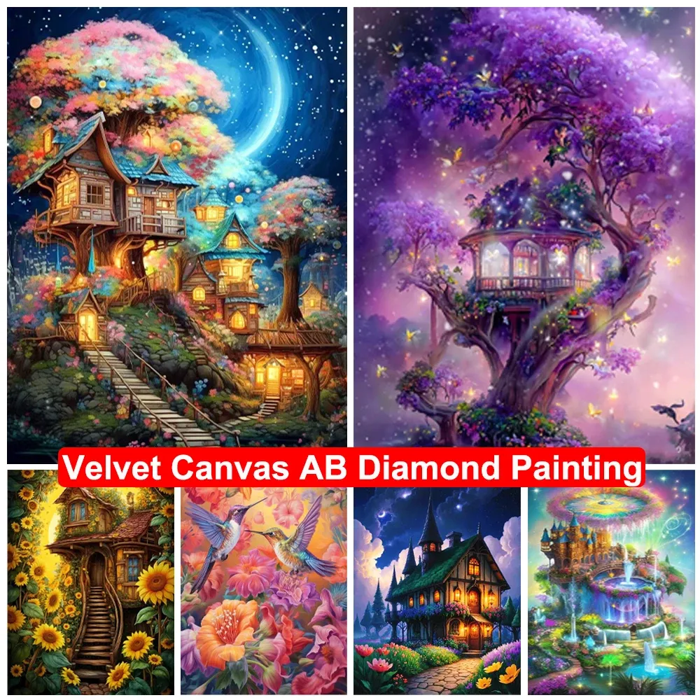 Stitch Velvet Canvas AB Diamond Målning Landskap 5D DIY Diamond Embroidery Flower Bird Mosaic Pictures Cross Stitch Kits Heminredning